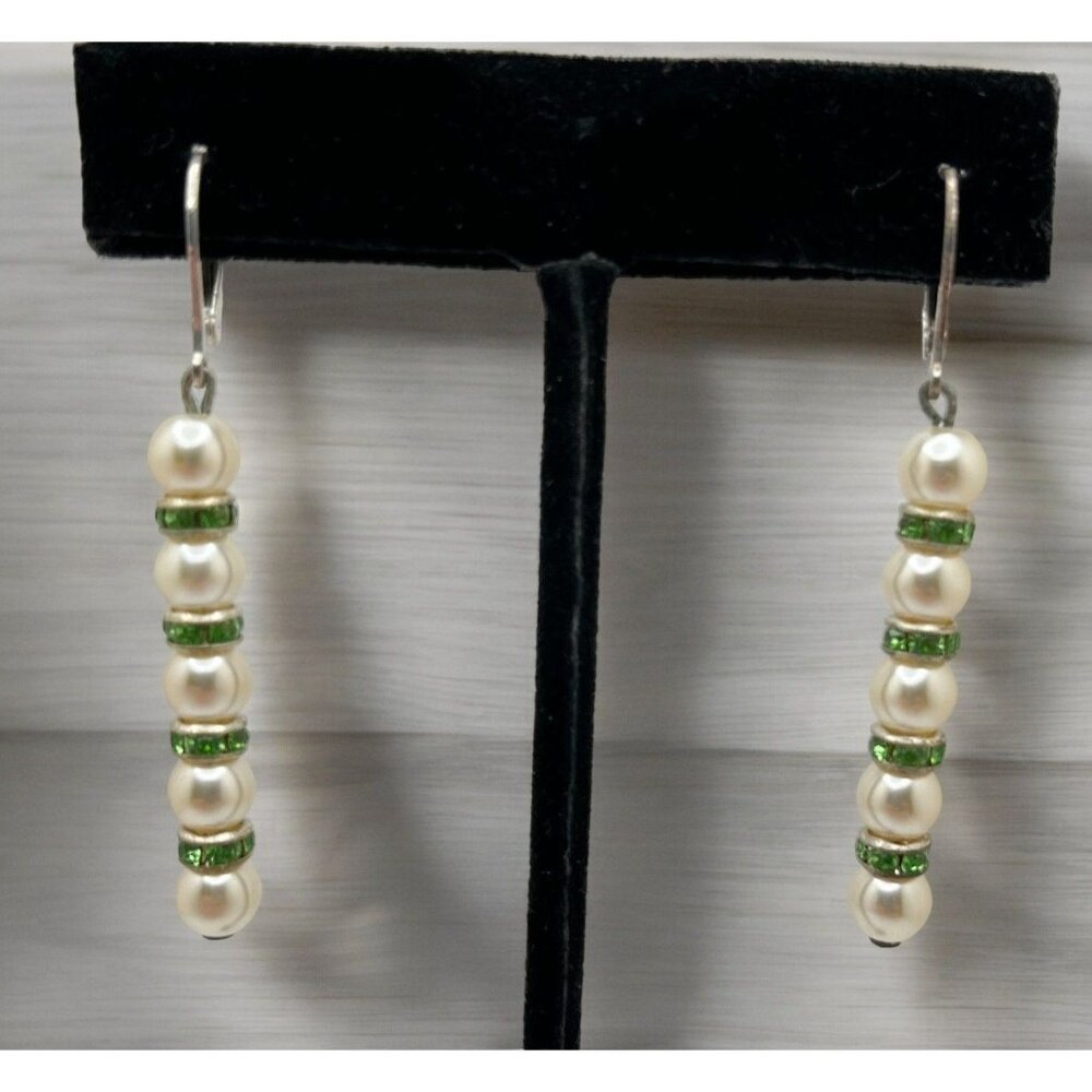 Faux Pearl Dangle Earrings Silver Tone Green Beaded Drop Line